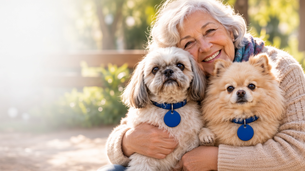 Mujer mayor abraza a un shih tzu y a un pomerania, ambos con medalla azul